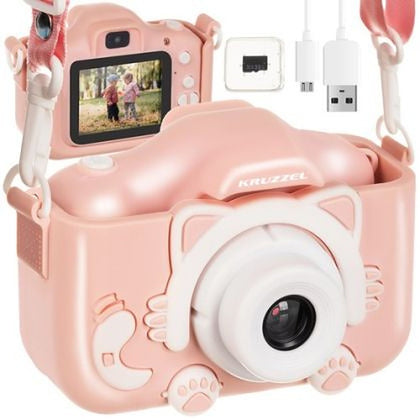 Детска розова цифрова Full HD камера с + 32GB карта памет и вградени игри и селфи камера - Kruzzel