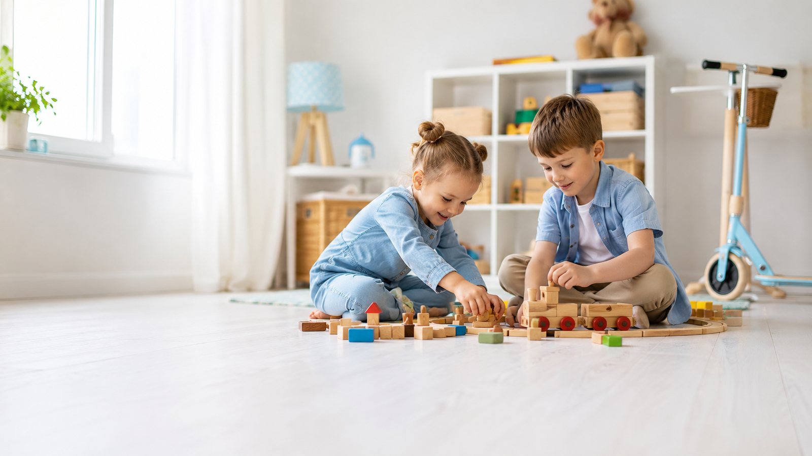 Деца играят с дървени играчки